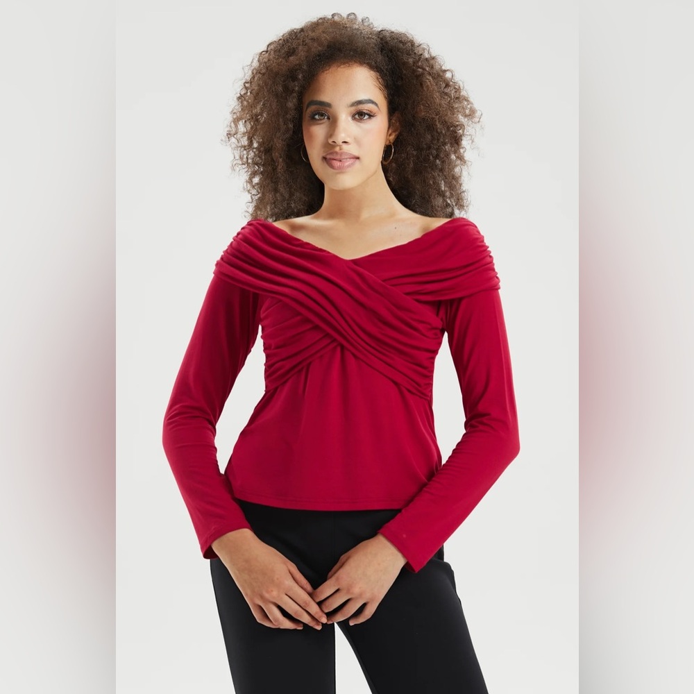 Betabrand Off-the-Shoulder Draped Long-Sleeve Top